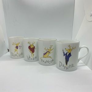 Set of Four Pottery Barn Reindeer Mugs.